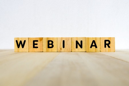 Webinar word on wood blocks - business conceptの写真素材
