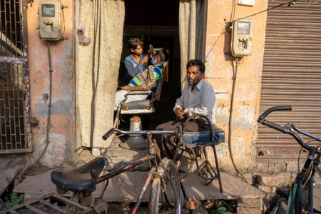 New Delhi, India - March 03, 2018: Unidentified man shaving a beard at Barber shop.のeditorial素材