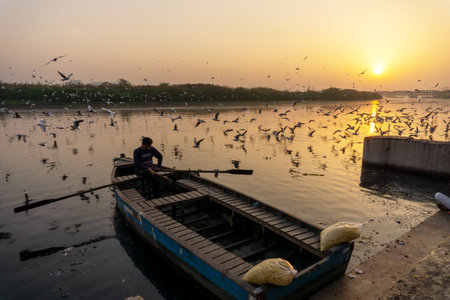 New Delhi, India - March 04, 2018: A man paddling a wooden boat during sunrise at Yamuna river ghat in New Deli, India.のeditorial素材