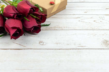 Red Roses Bouquet and Gift Box With Copy Space