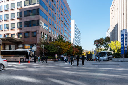 Seoul, South Korea - November 04, 2019: Street scene at Yeouido district. It is a Seoul's main...