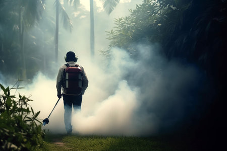 Rear view of a man fogging to eliminate mosquito Generative Aiの素材