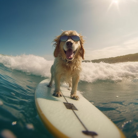 Golden Retriever dog standing with sunglasses on a surfing board, summer time Generative AIの素材