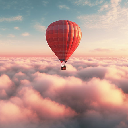 Red hot air balloon above the clouds during sunset Generative AIの素材