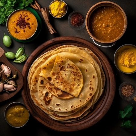 Roti canai and other condiment flat lay Generative AIの素材
