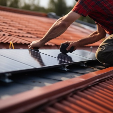 Worker installing solar panel on rooftop Generative AIの素材