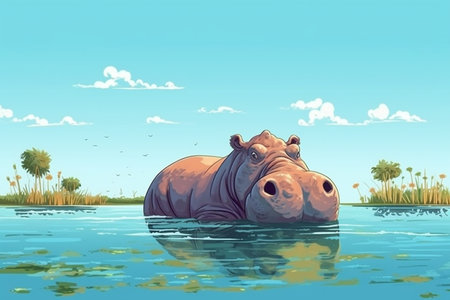Cartoon hippopotamus in the water Generative AIの素材