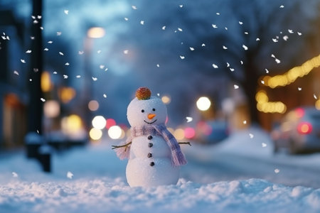 Cute snowman in the street Generative AIの素材