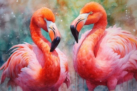 Close up portrait of two pink flamingo in watercolor Generative AIの素材