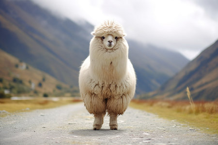 Close up portrait of standing fluffy fat llama Generative AIの素材