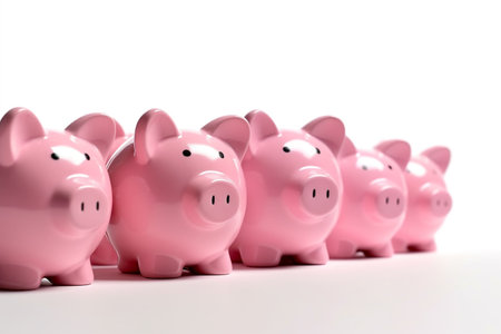 Rows of pink piggy bank on white background with copy space Generative AIの素材
