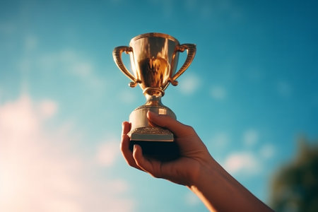 Hand holding golden trophy against blue sky Generative AIの素材