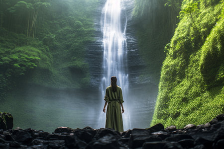 Rear view of a woman looking at tropical waterfall Generative Aiの素材