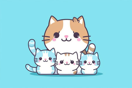 Cute cat family on blue background  flat design Generative Aiの素材