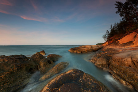 Long exposure sunset at Tip Of Borneo, Kudat, Sabah Borneo, Malaysiaの写真素材
