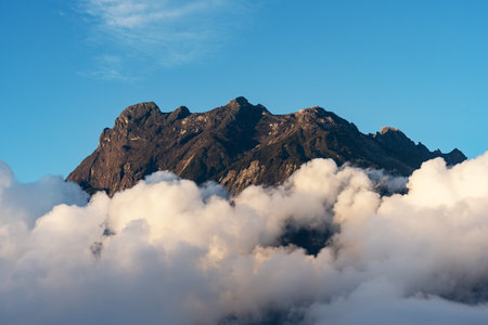 Late afternoon light over Mt. Kinabalu in Kinabalu National Park Sabah Malaysiaの写真素材