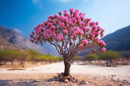 Lone bonsai tree with pink flower in an arid landscapeの素材