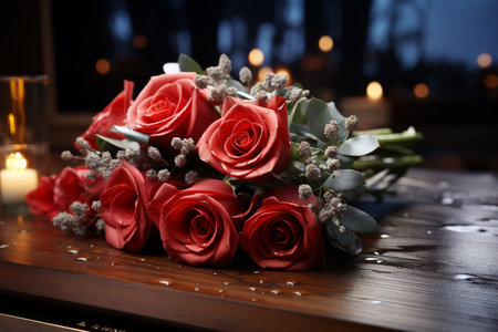 Red roses bouquet on top of tableの素材
