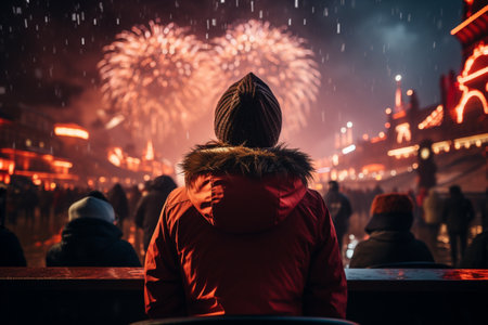 Rear view of a man looking at the fireworks displayの素材