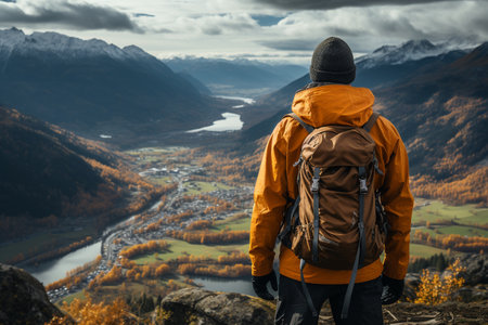 Rear view of a hiker looking at mountain landscape backgroundの素材