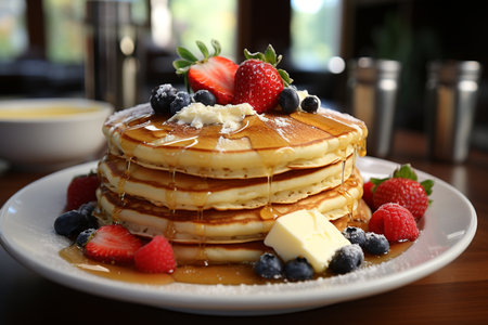 American pancakes with syrup, butter and fruitの素材