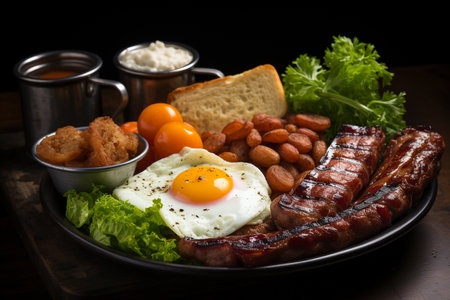Full Scottish breakfast contained sunny eggs, sausages, toast and othersの素材