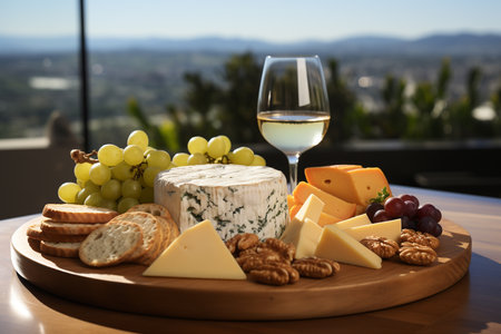 Wine and assorted cheese on a wood boardの素材