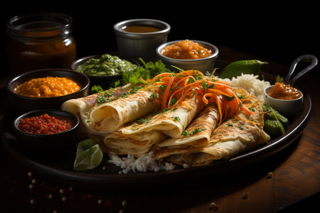 Masala dosa with garnish on a plate dark backgroundの素材