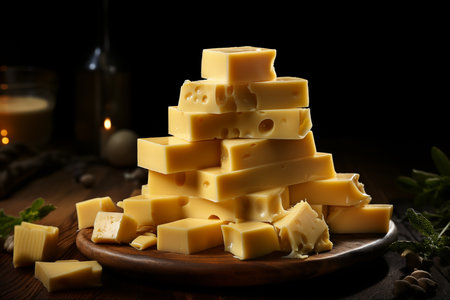 Piles of Swiss cheese on a wooden boardの素材