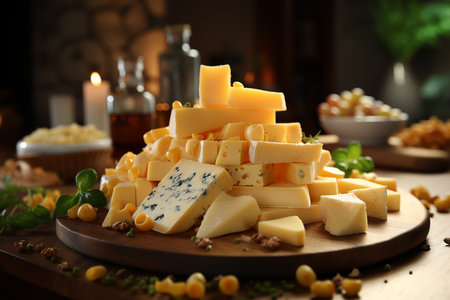 Piles of cheese on a wood board on the tableの素材