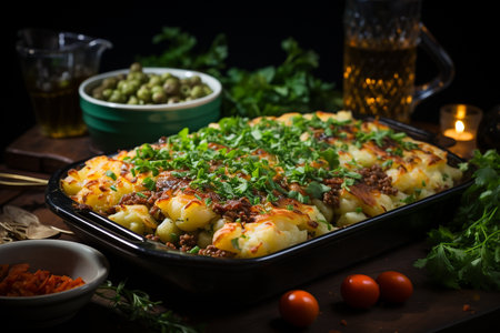 Close up of Shepherd pie with garnish dish on a cast iron skilletの素材