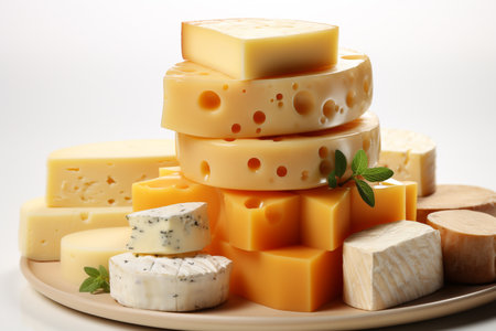 Stack of assorted cheese on a wooden board on white backgroundの素材