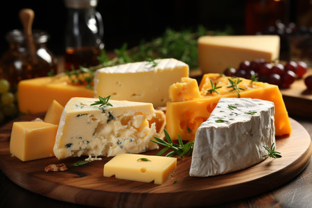 Varieties of delicious cheese on a wood boardの素材