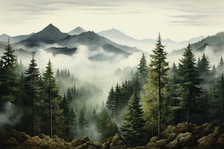 Foggy spruce pine forest autumn scenery watercolorの素材