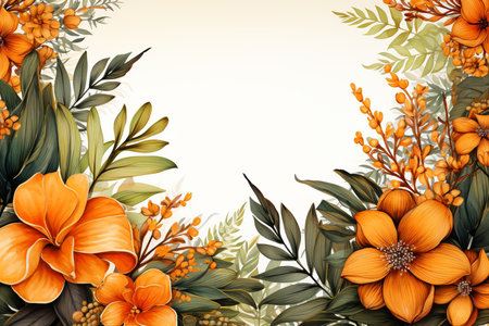 Watercolor tropical plants and flower orange and green colorの素材