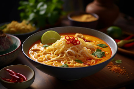 Khao soi creamy coconut curry noodle soup on a bowl Thailand foodの素材