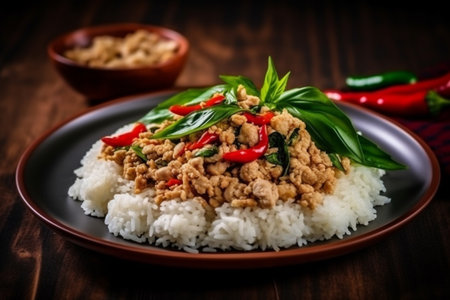Thai basil chicken minced spicy pad krapow and white riceの素材