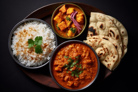 Flat lay of white rice, naan roti, mattar paneer and alo gobi Indian foodの素材