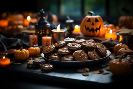 Pumpkin and chocolate Halloween cookies Holiday conceptの素材