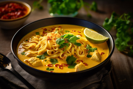 Close up of Khao soi creamy coconut noodle soup Thailand foodの素材