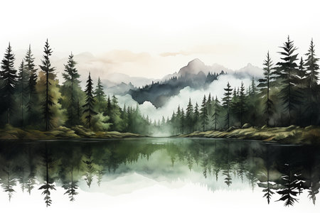 Foggy spruce forest scenery by the river watercolor illustrationの素材