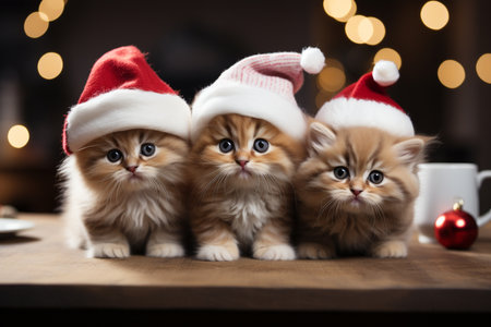 Three cute kitten with Christmas santa hat and baublesの素材