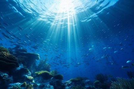 Underwater blue ocean with sunbeamの素材