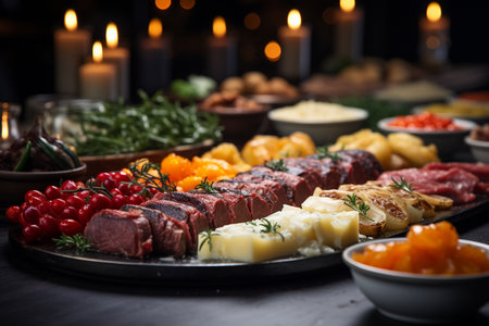 Delicious steak and other food on a dining tableの素材