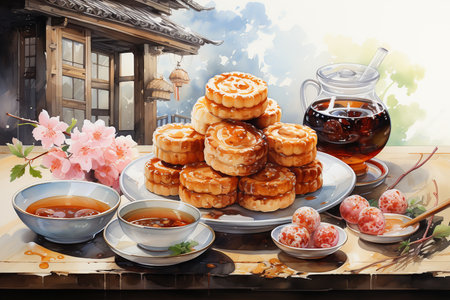 Assorted moon cake and tea, Mid Autumn Festival concept watercolorの素材
