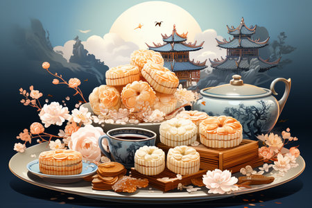 Moon cake, tea cup and teapot Mid Autumn festival conceptの素材