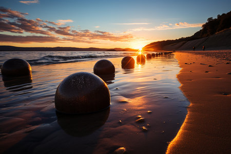 Sunset at the beach with rows of rock bouldersの素材