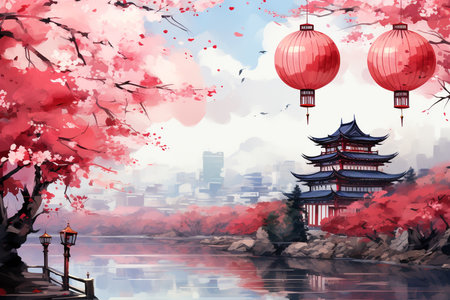 Sakura flower and red lantern with temple and skyline watercolorの素材