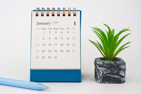 Close up of January 2024 calendar on white backgroundの写真素材