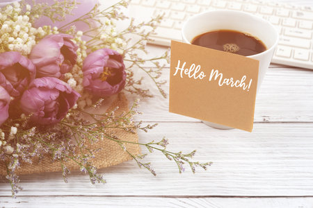 Purple tulip bouquet and adhesive note with text Hello Marchの写真素材